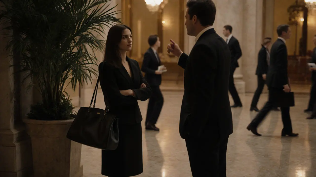 A discreet meeting in a luxury hotel lobby, with a companion and client exchanging a quiet greeting.