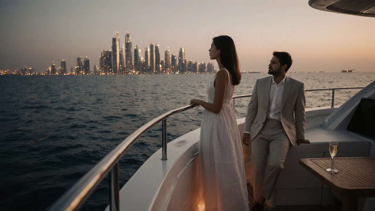 A man and woman stand silently on a private yacht at dusk, overlooking Palm Jumeirah’s lights, no physical contact, only calm companionship.