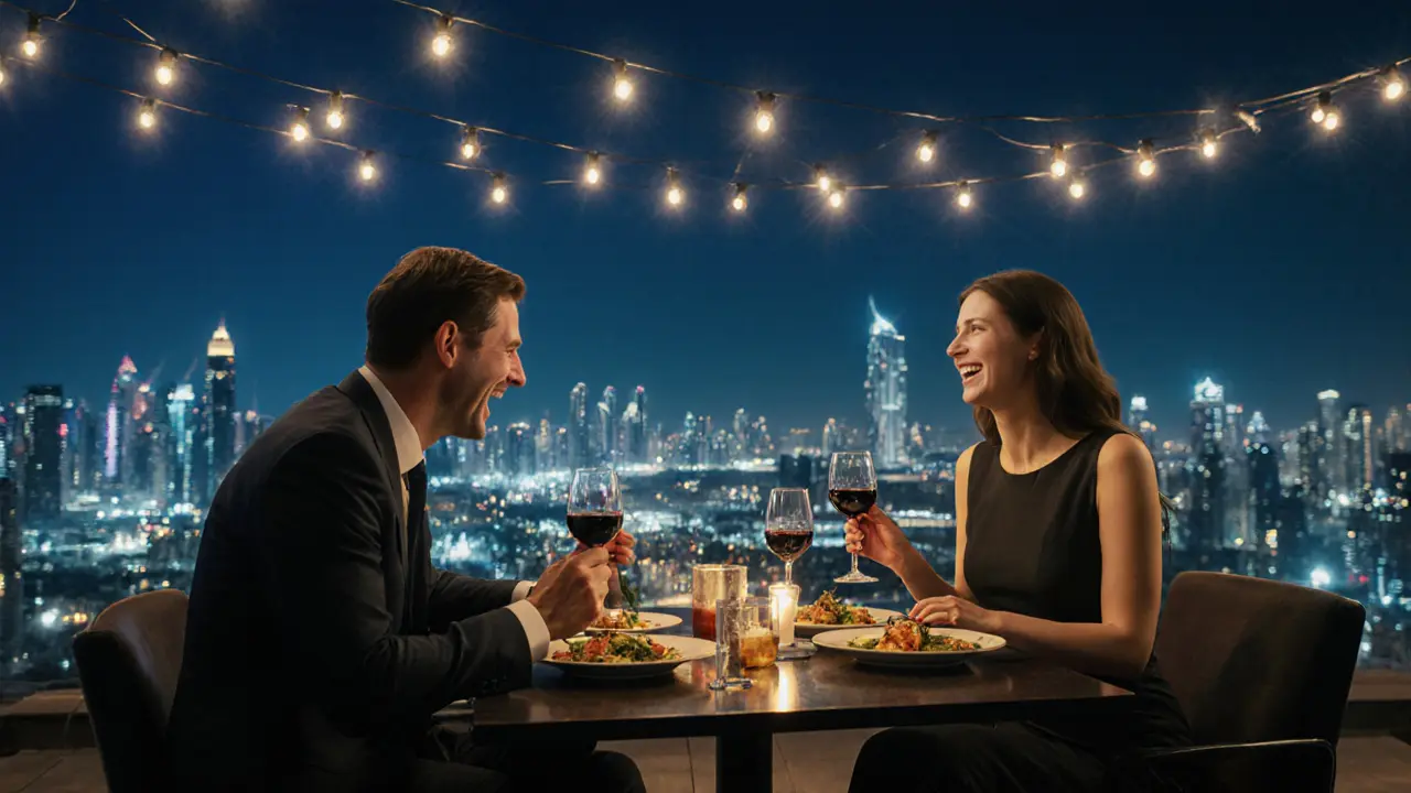 A professional couple enjoying a refined rooftop dinner in Dubai, engaged in thoughtful conversation.