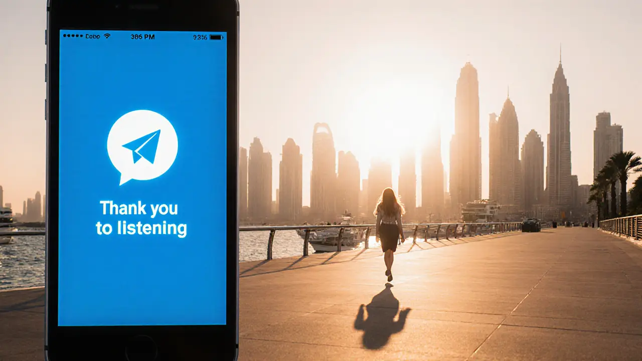 A smartphone shows an encrypted message saying 'Thank you for listening' as a woman walks alone at dawn by the marina.