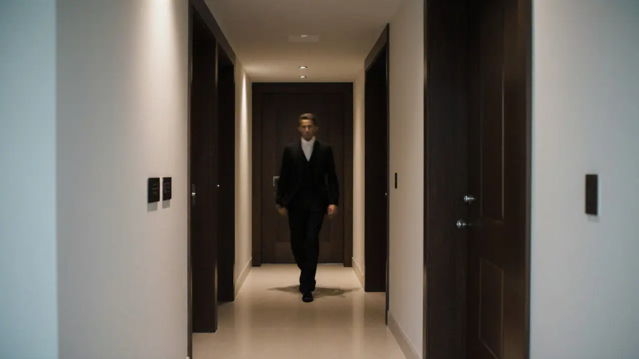 A solitary figure exits a discreet residential building at night, surrounded by soft ambient light and silence.