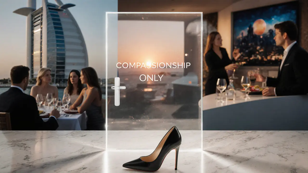 A transparent 'Companionship Only' door with blurred scenes of luxury moments, a single high heel resting below.