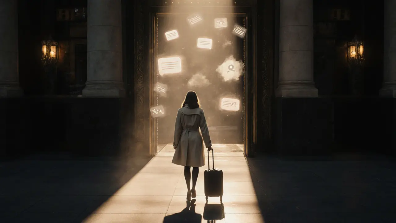 A woman walks away from a hotel at dawn, suitcase in hand, as digital messages fade into mist behind her.