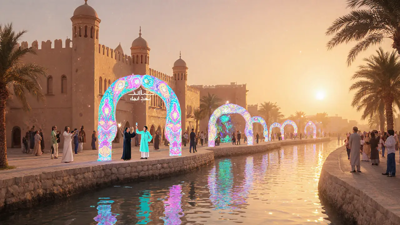 AlSeef Festival sunrise with historic buildings and glowing AR palm arches over the creek.
