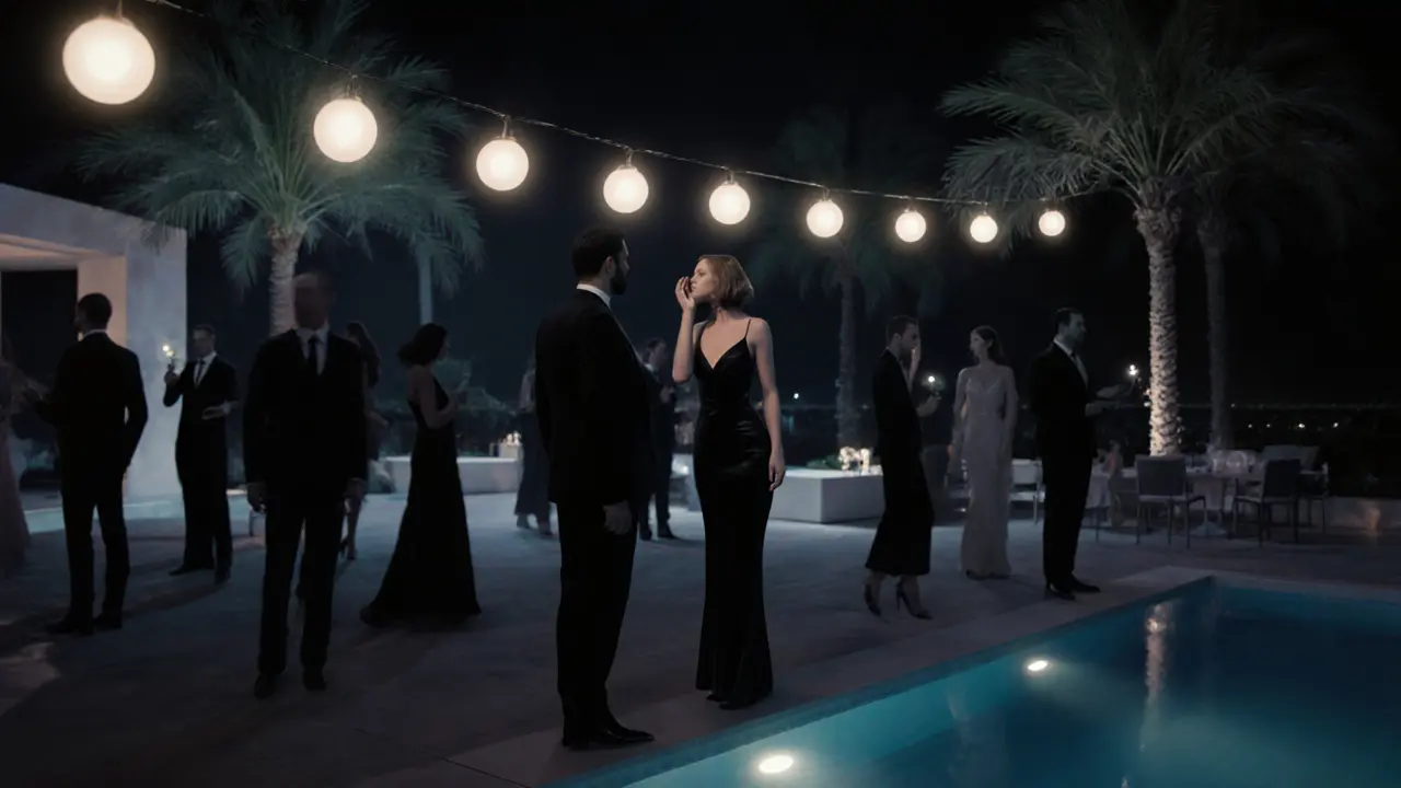 An exclusive private party at a Dubai villa, figures mingle under string lights near a pool in the dark.