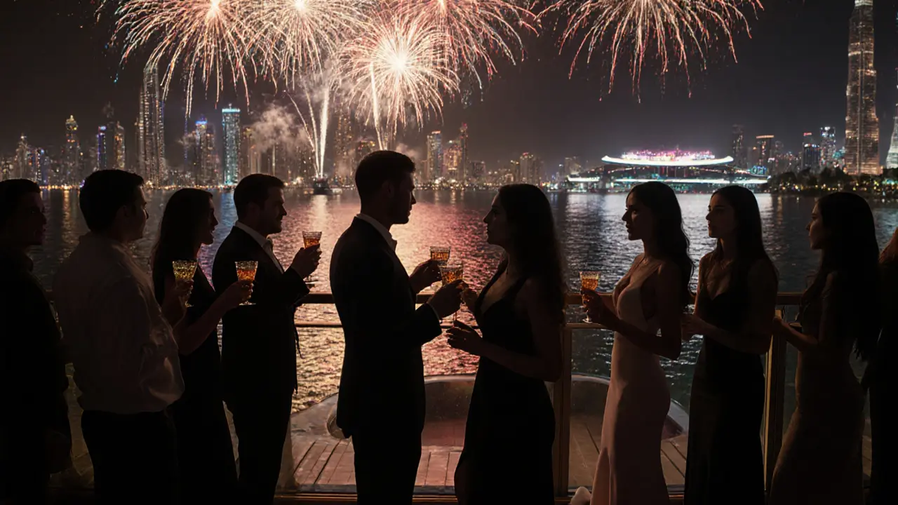 Balcony party during New Year&#039;s Eve with fireworks behind guests holding sparkling drinks.