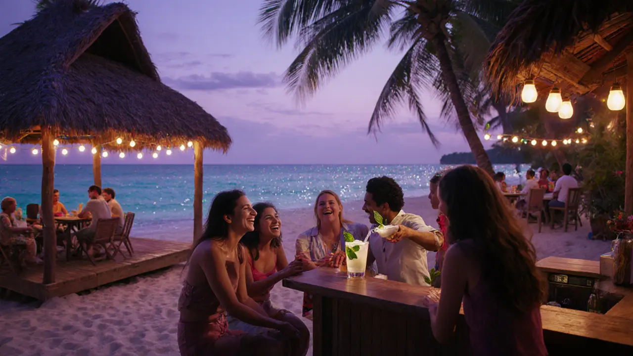 Beach bar at dusk with sand floor, cabanas, patrons enjoying a mint cocktail under fairy lights.