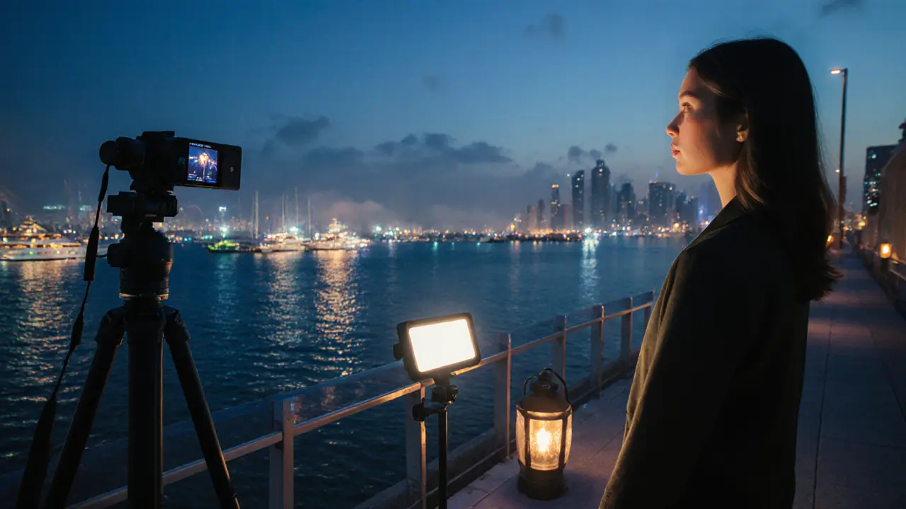 Cinematic rooftop scene on Dubai Marina with a Sony A7S III on a tripod capturing yacht light trails.