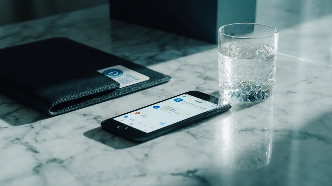 Close‑up of a smartphone showing encrypted messaging and a verification badge beside an ID.