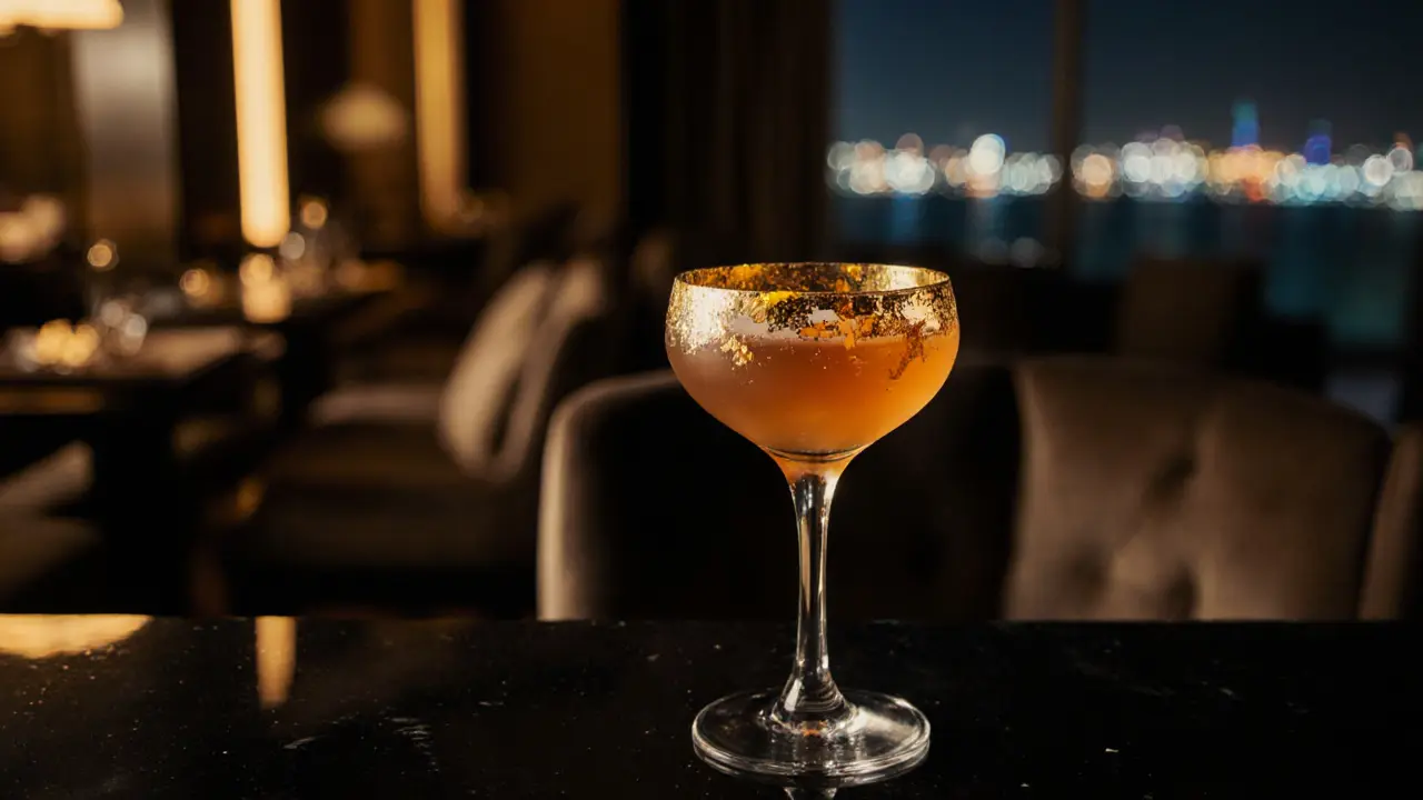 Close-up of Gold Rush cocktail with gold leaf rim at an upscale bar.