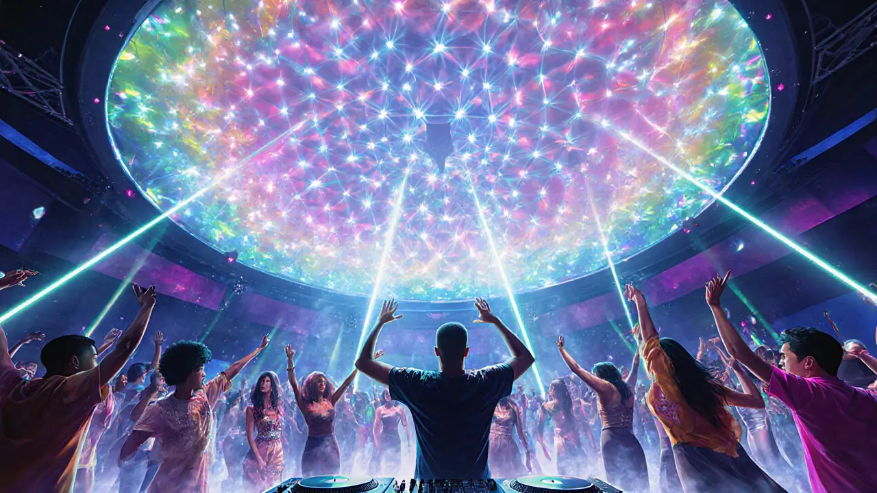 Crowded club interior under a rainbow LED dome with dancing guests and a DJ.