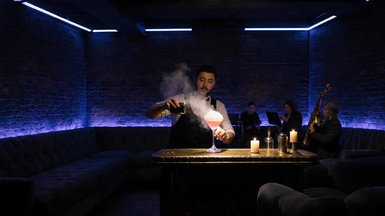 Dimly lit industrial lounge with bartender creating a vaporized rose‑water cocktail.