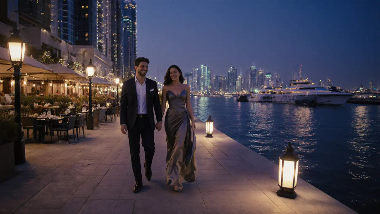 Elegant couple strolling the Dubai Marina promenade at night with lit yachts.