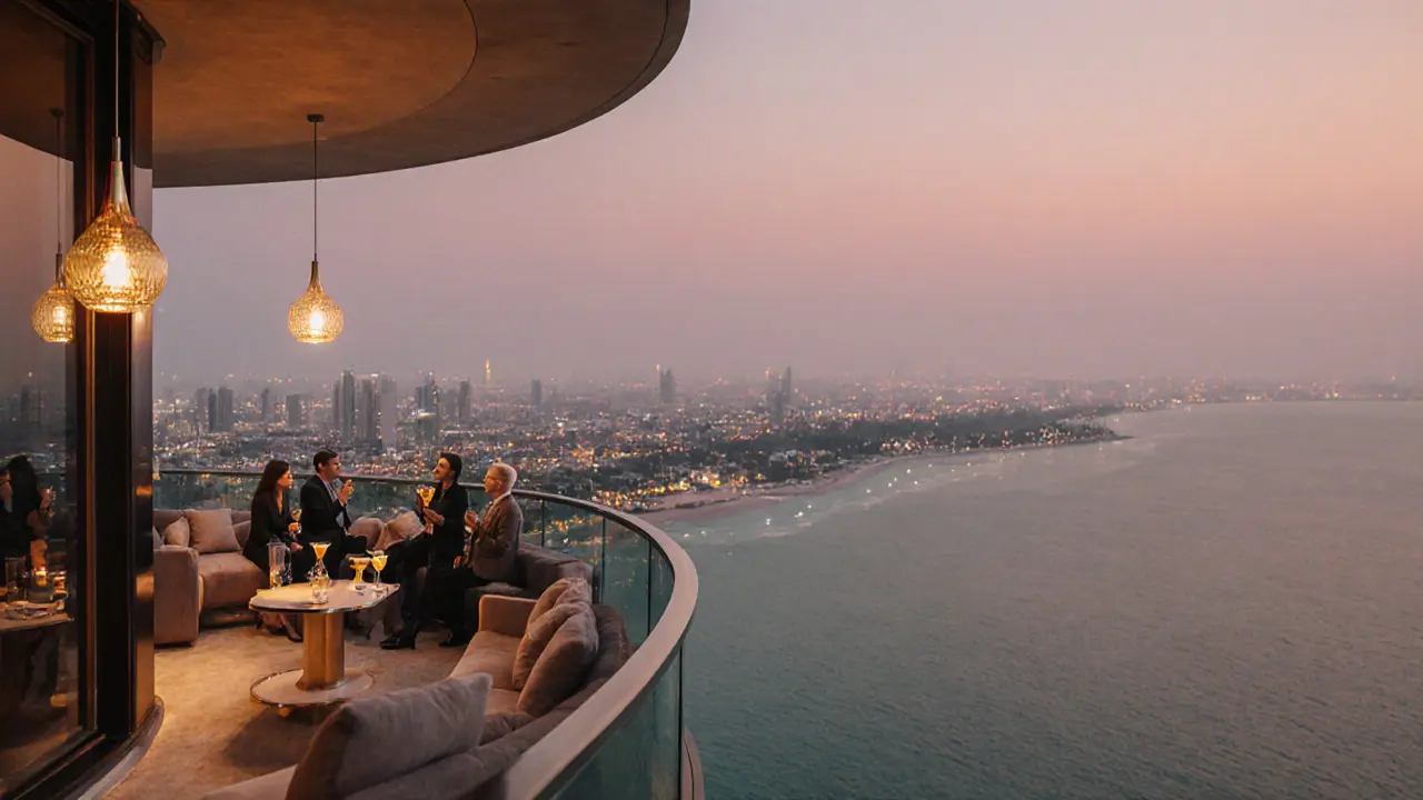 Elegant rooftop lounge with plush seating, sunset sky, and Gulf view.