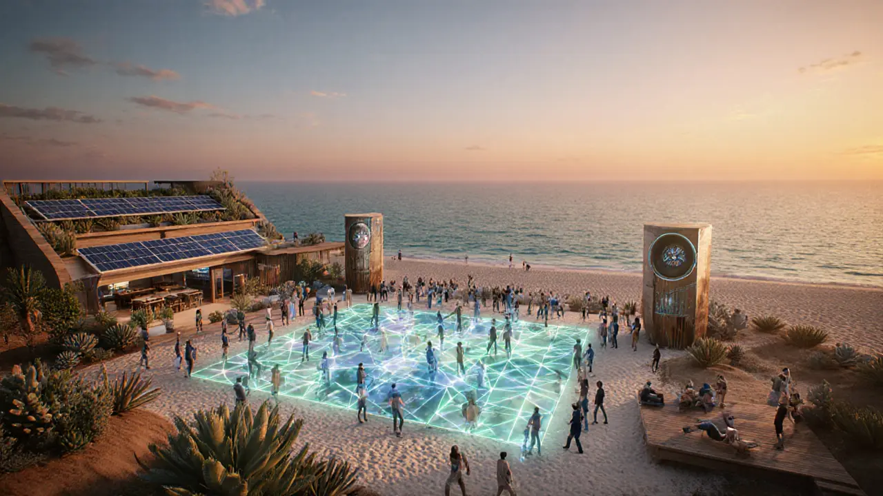 Futuristic beach club with AR dance floor, solar sound towers, and biophilic décor at dusk.
