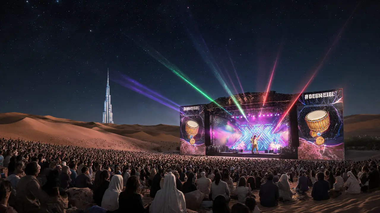 Futuristic Desert Stage amphitheater under stars with thousands attending a concert as dunes and Burj Khalifa frame the scene.