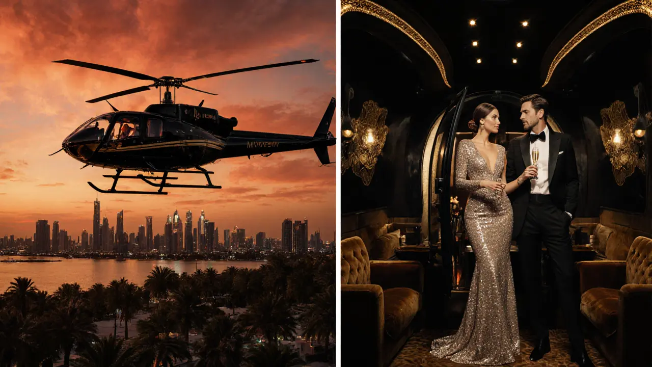 Helicopter over Palm Jumeirah with escort and client, leading to a VIP nightclub.