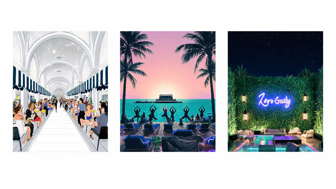 Illustration collage of Nikki Beach brunch, Zero Gravity yoga-to-EDM, and 1 Hotel sustainable design.