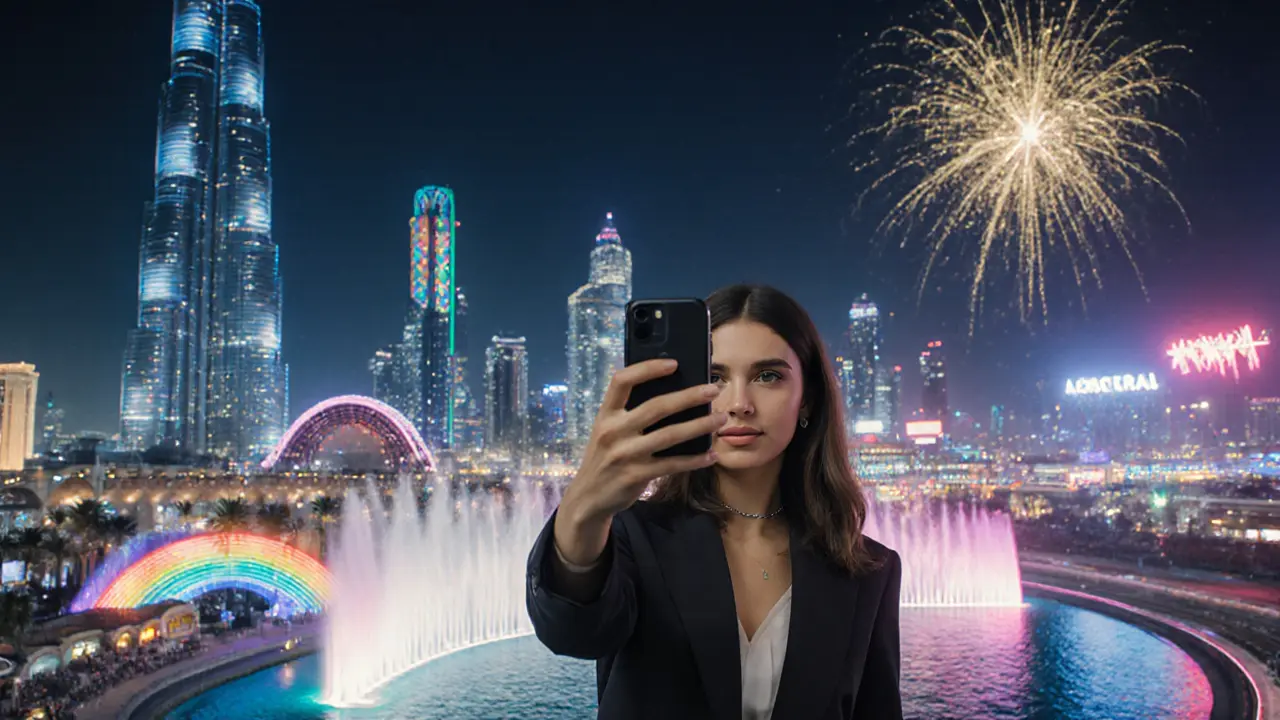 Influencer taking a selfie with Dubai's iconic illuminated landmarks blended behind.