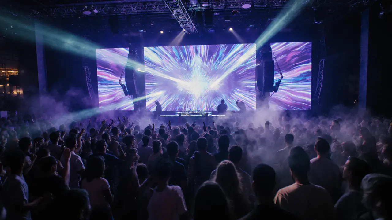 Inside BASE Dubai with LED wall, DJ booth, and energetic crowd dancing.