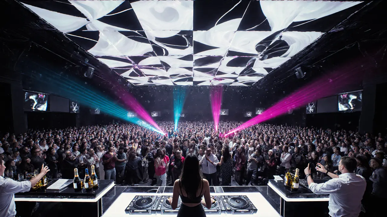 Inside Main Hall with 3D LED ceiling, DJ Maya M5, and crowd under laser lights.