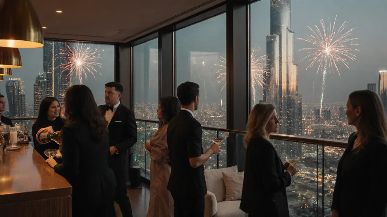 Level 43 rooftop bar interior with guests, champagne, and fireworks view of Burj Khalifa.