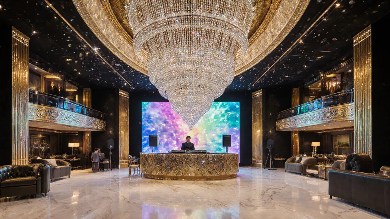 Luxurious club interior with crystal chandelier, marble, and VIP suites surrounding a DJ booth.