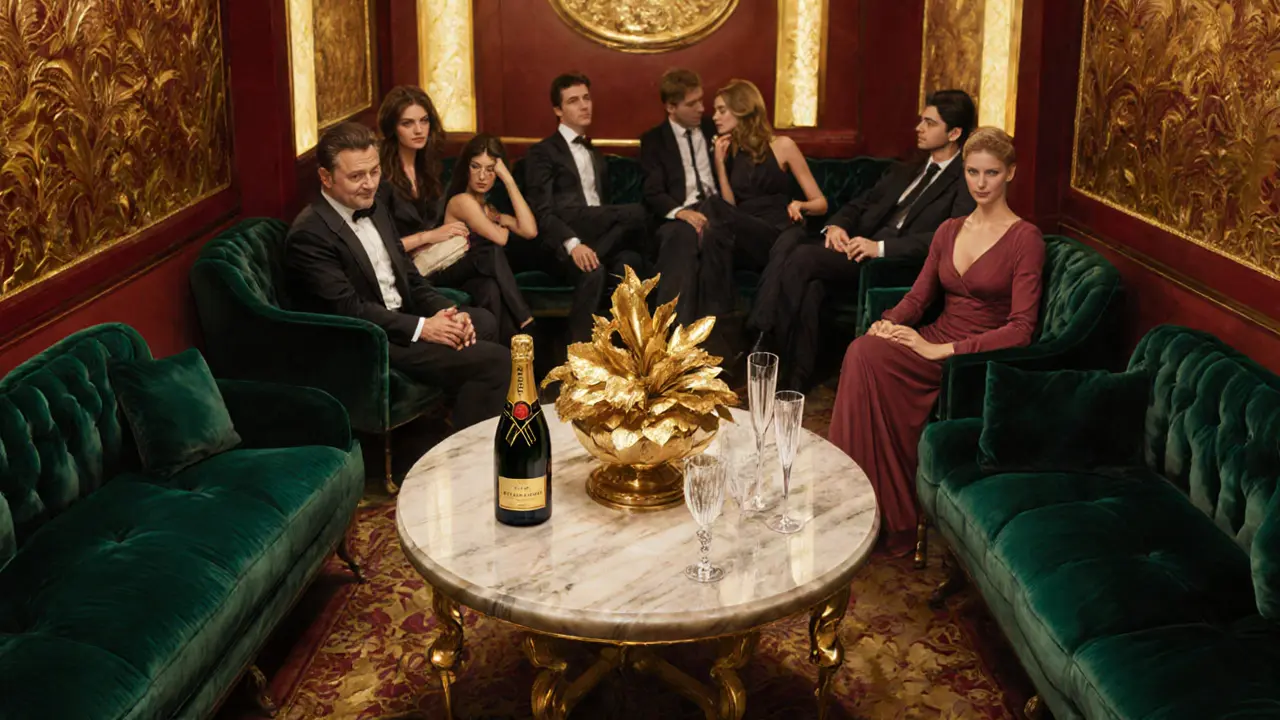 Luxurious VIP area at Cavalli Club with gold lighting, champagne, and plush seating.