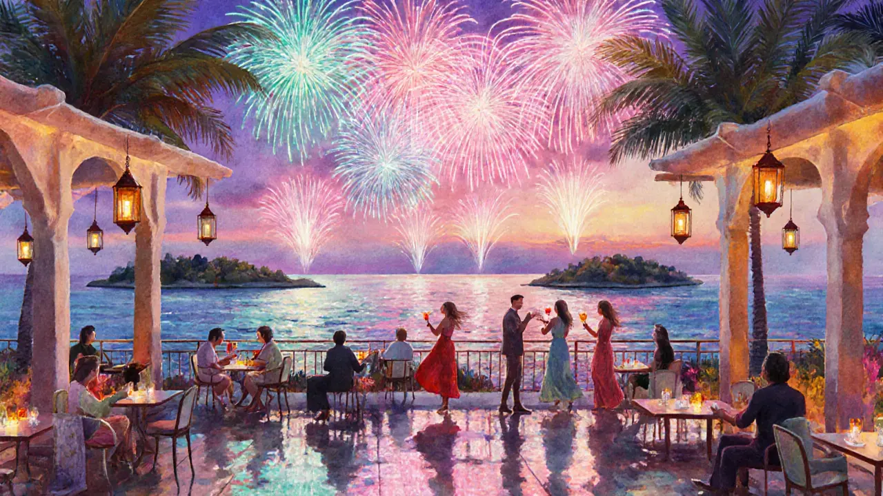Mercury Lounge rooftop on Palm Jumeirah with fireworks reflecting on the sea and guests.