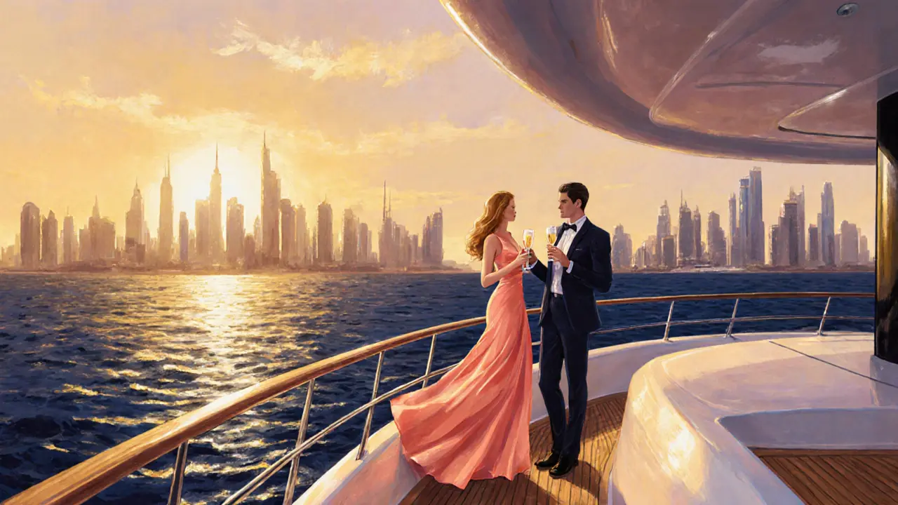 Private yacht at sunset with a couple in elegant attire holding champagne flutes.