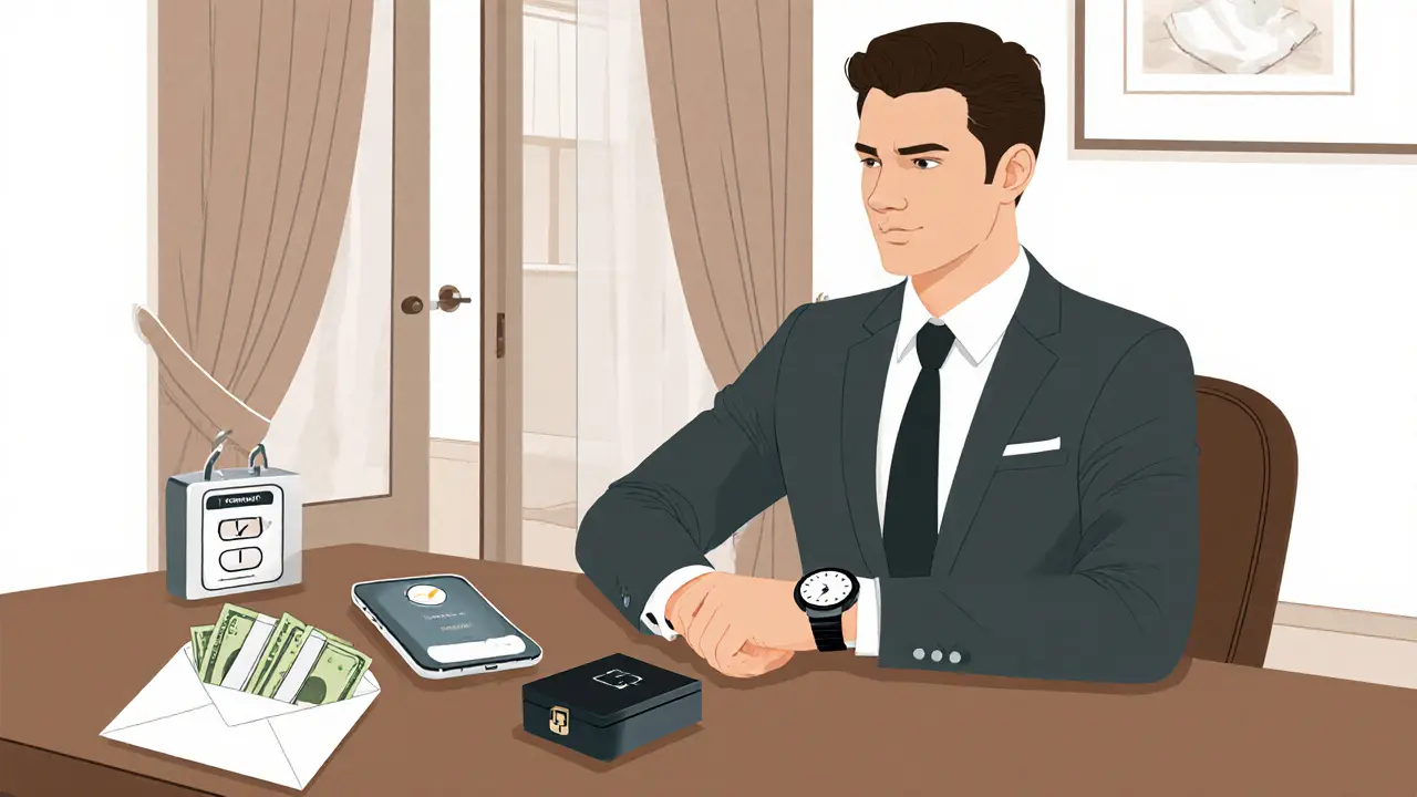 Safety checklist with cash envelope, timer phone, and private suite doorway.