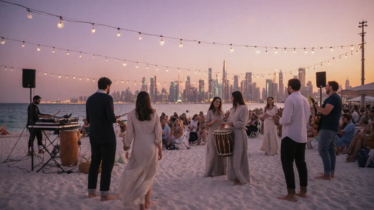 Sunset at Nikki Beach with crowd dancing barefoot to live percussion and DJ as Dubai skyline glows behind them.