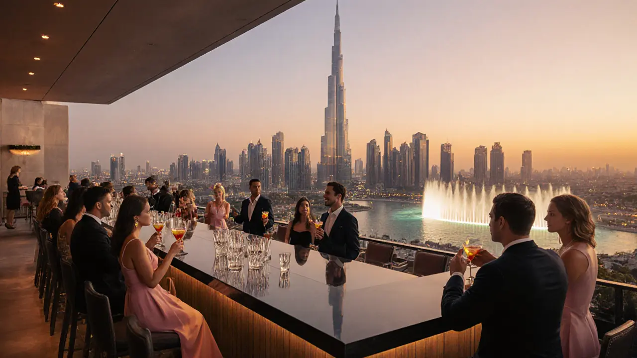 Terrace view of Dubai skyline at sunset with guests enjoying cocktails beside the Burj Khalifa.