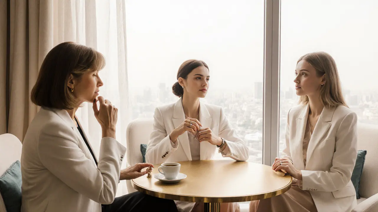 Three European women in a luxury lounge, engaged in quiet, thoughtful interactions with clients.