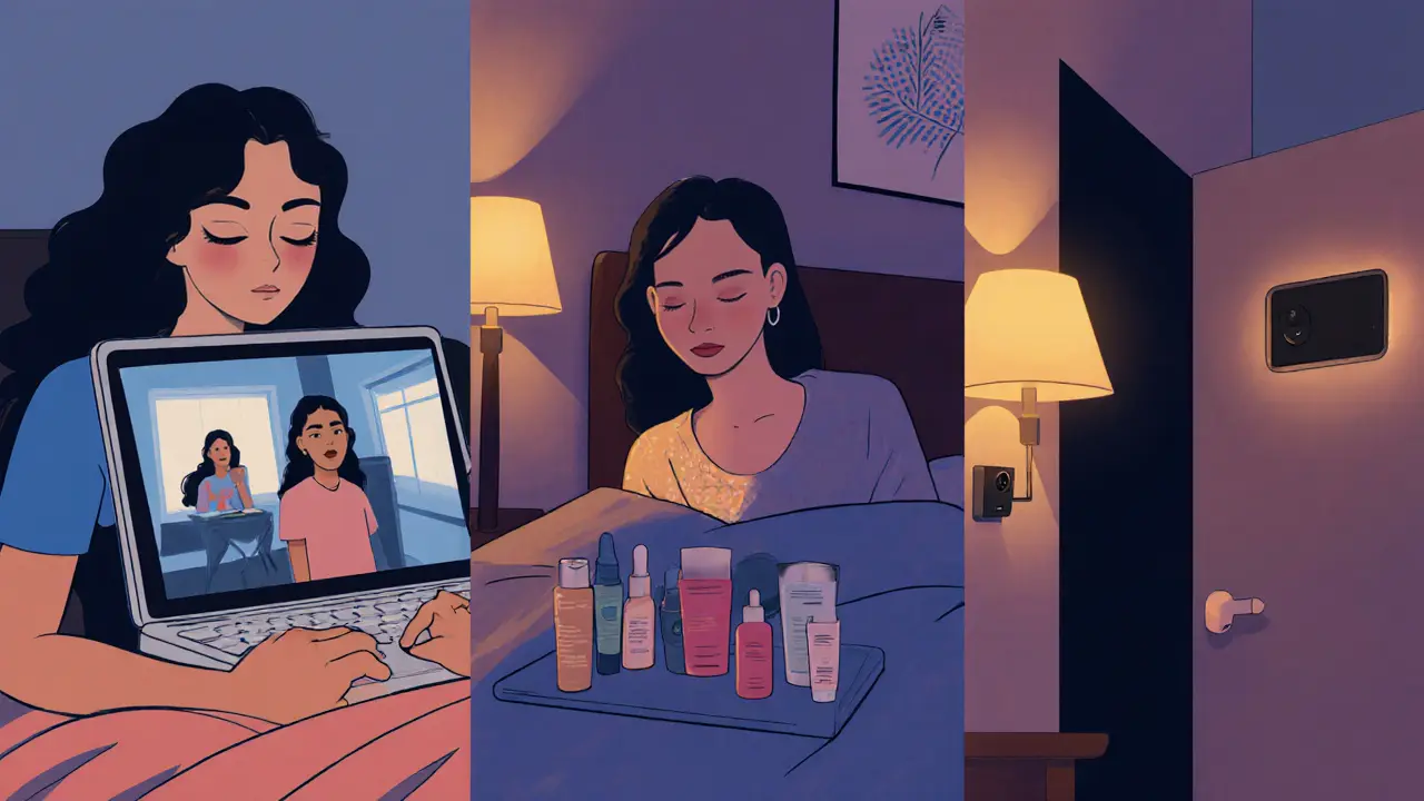 Three women in private settings: video screening, skincare routine, and hidden camera, each in quiet, intimate spaces.