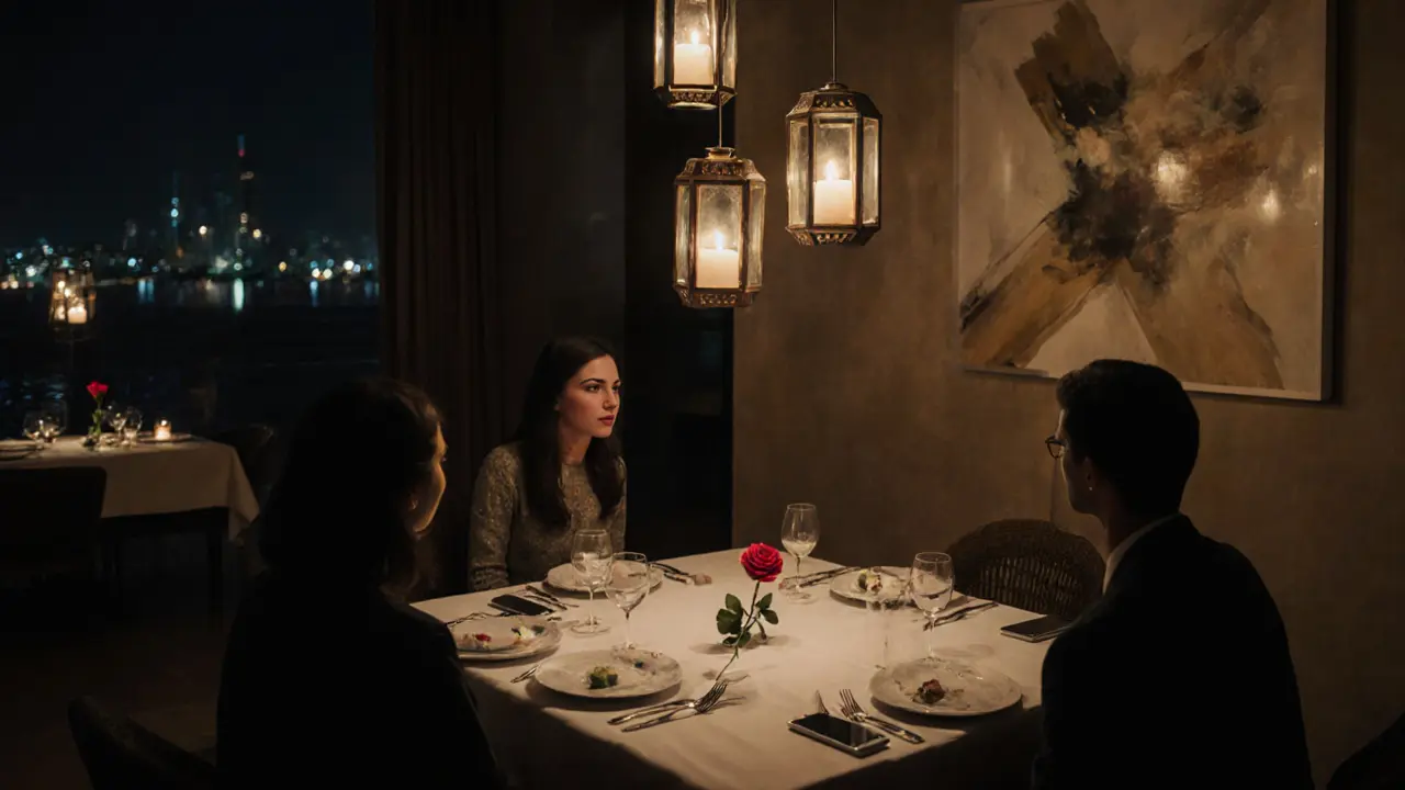 Two people share a quiet, candlelit dinner with no phones, focused on intimate conversation.