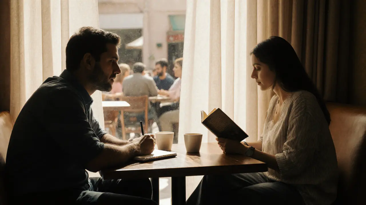 Two strangers sit separately in a quiet Dubai café, each lost in their own thoughts, sunlight filtering through curtains, evoking solitude and unspoken connection.