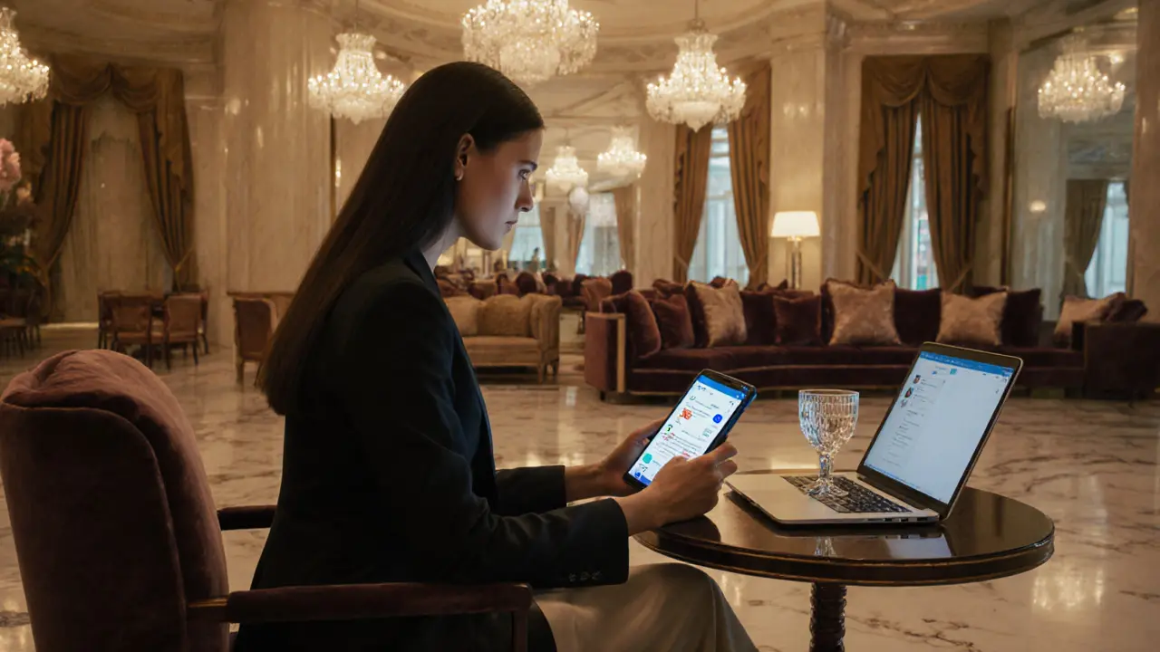 Upscale hotel lobby with a woman using an encrypted messaging app on her phone.