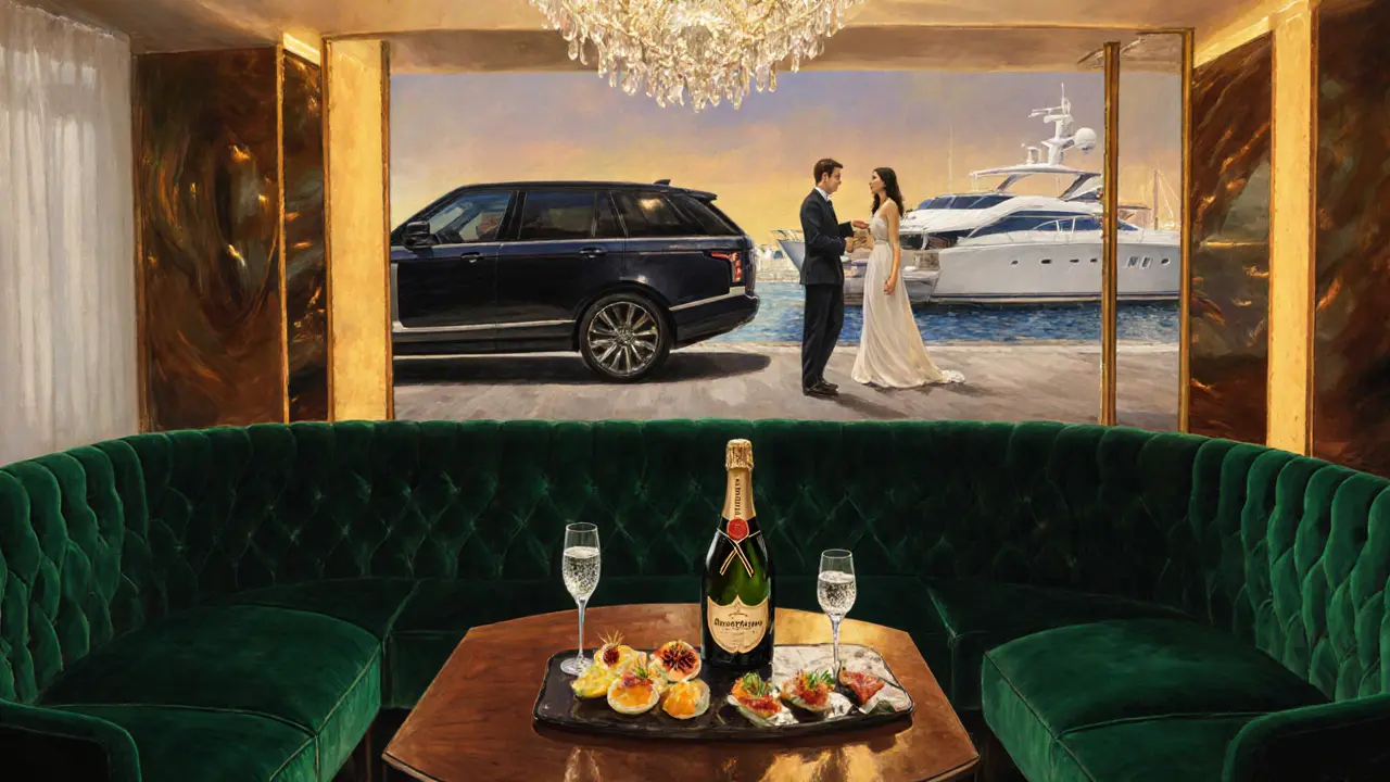 VIP Lounge with plush sofas, champagne bottle, and private entrance by yacht.