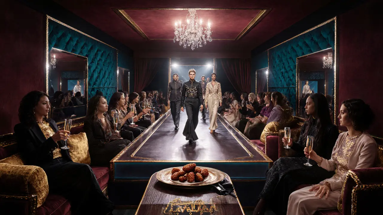 VIP sky box scene with runway fashion show, champagne, and gourmet small plates.