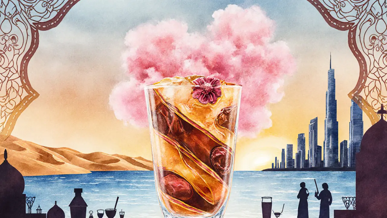 Watercolor illustration of date syrup, saffron, and rose water forming a Dubai cocktail.