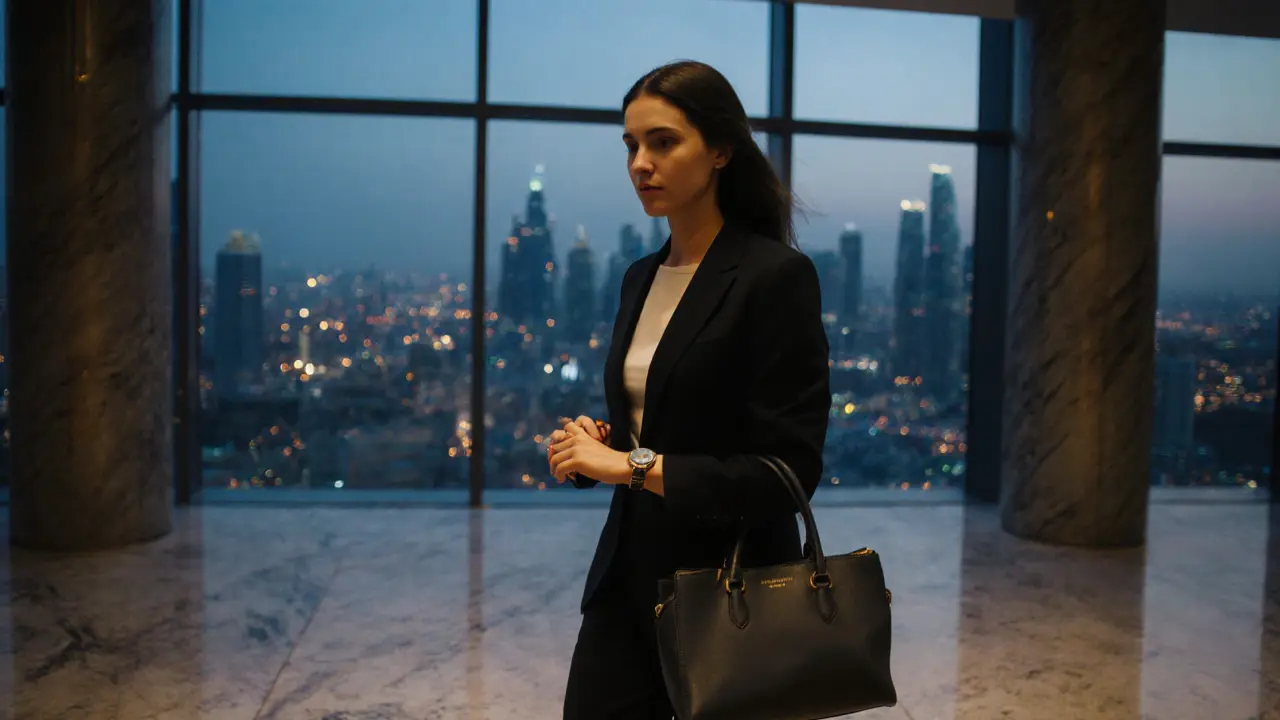 A confident woman walks through the elegant lobby of DIFC at dusk, exuding quiet professionalism.