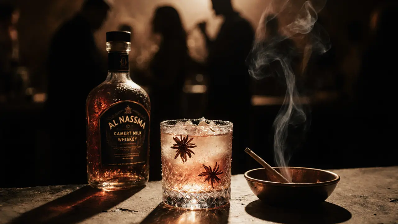 A copper glass cocktail called &#039;Desert Wind&#039; on a concrete bar counter with a bottle of camel milk whiskey and a smoldering cigarette.