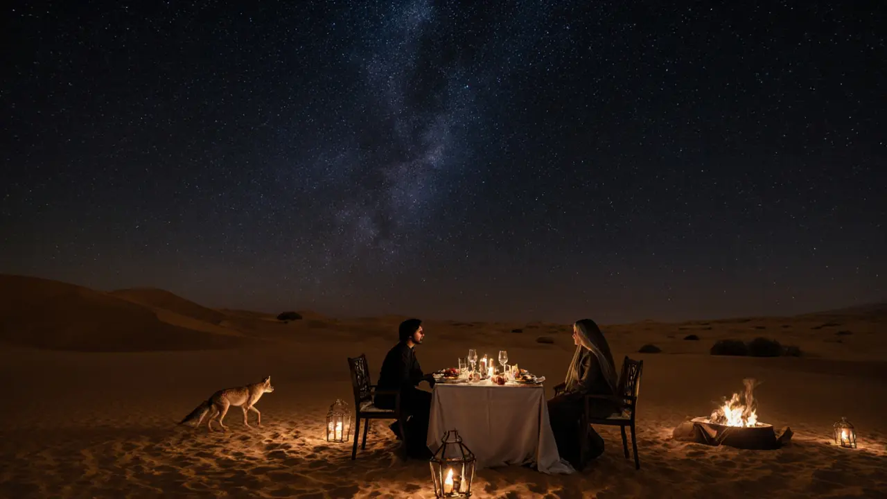 A couple dining under a star-filled desert sky at a private Bedouin camp with lanterns and firelight.
