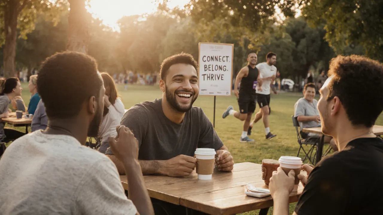 A diverse group of expats socialize outdoors in Dubai, smiling and enjoying coffee at a community meetup.