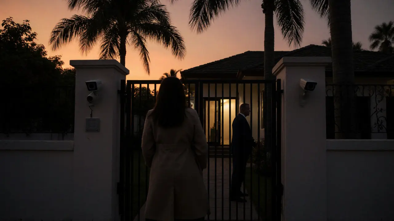 A hesitant woman at a villa gate in an expat community, man waiting inside, security cameras visible at dusk.