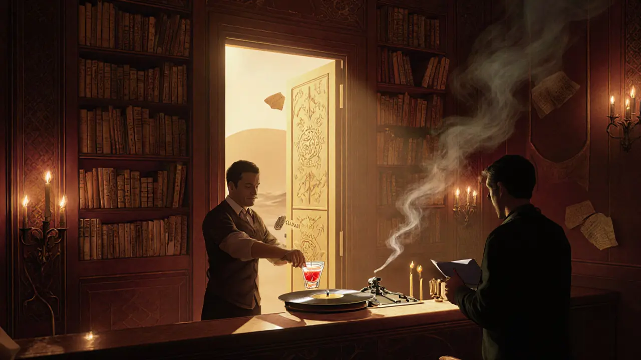 A hidden speakeasy behind bookshelves, with a bartender pouring a poetic cocktail in warm light.