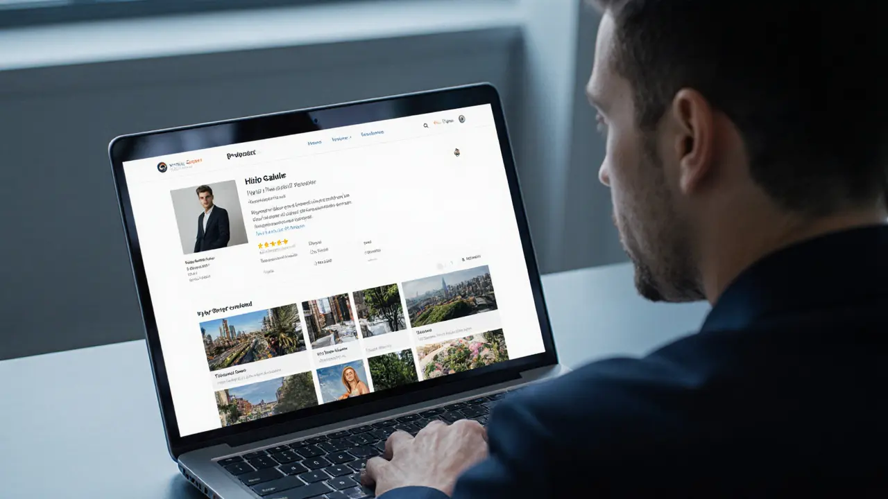 A laptop screen displaying a verified escort profile with detailed photos and clear pricing in Dubai.