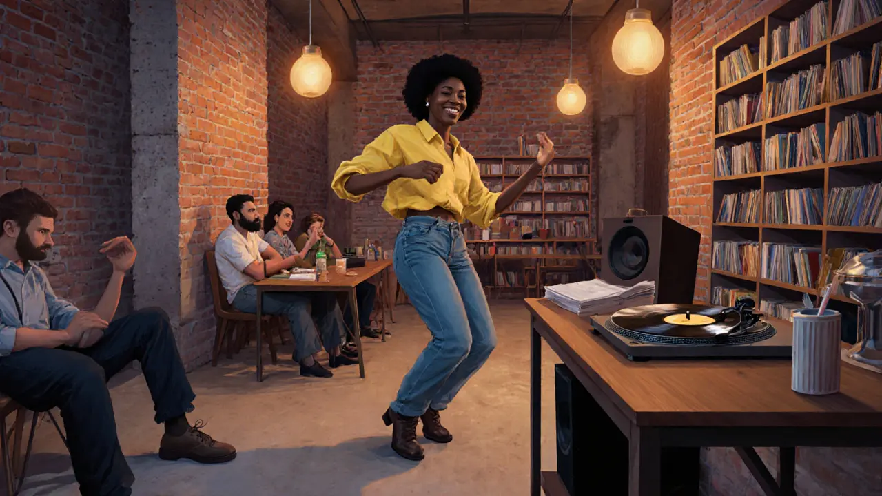 A lone dancer in an industrial warehouse listening to vinyl records under warm pendant lights.
