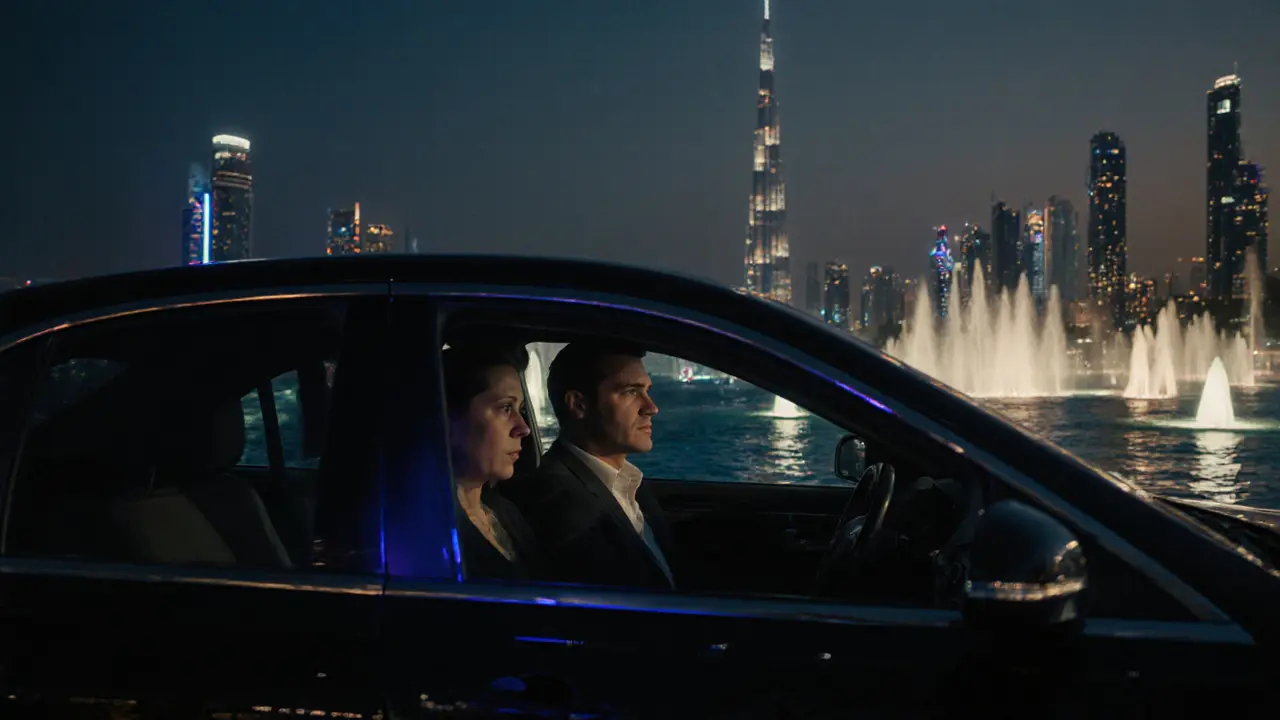 A luxury car driving along Dubai’s water canal at twilight, city lights reflecting softly inside.